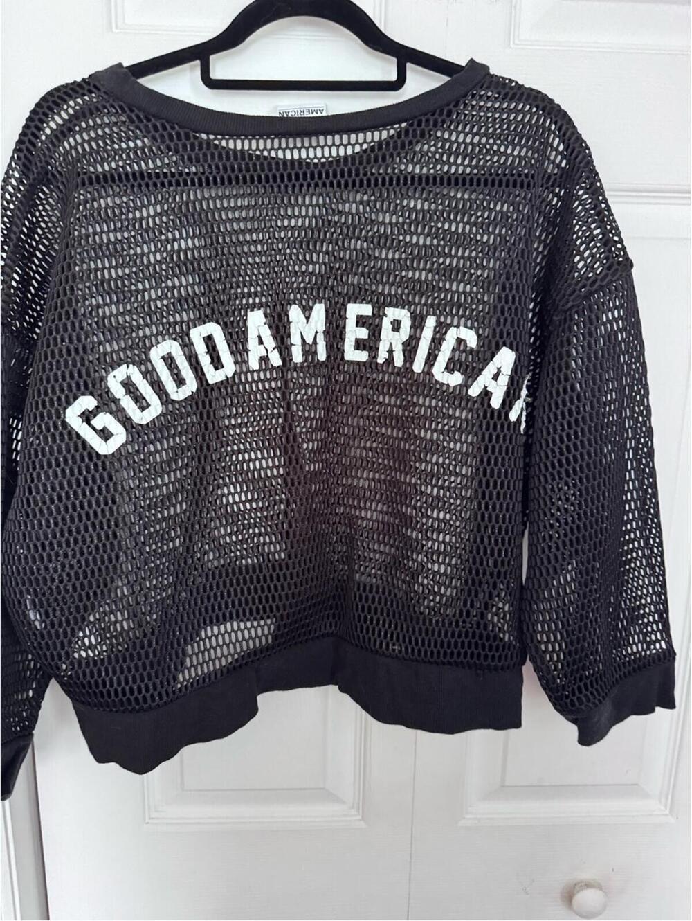 Good American Black Mesh Crewneck Sweater with White Logo across the back